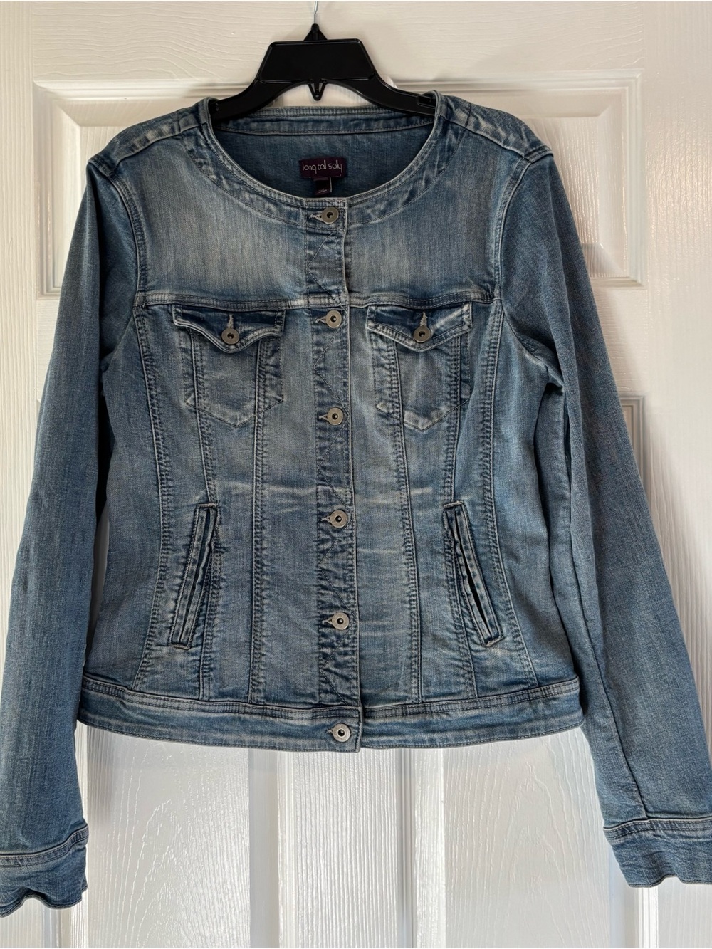 Long Tall Sally Denim Jacket Shacket Sz 10 Jean Collarless Light Medium Wash